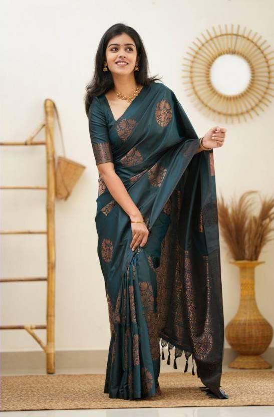 Jacquard Silk Sarees Rama Colour, casual wear - Ibis Fab