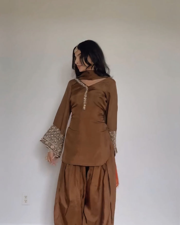 Brown Embroidered Kurta Pant Set