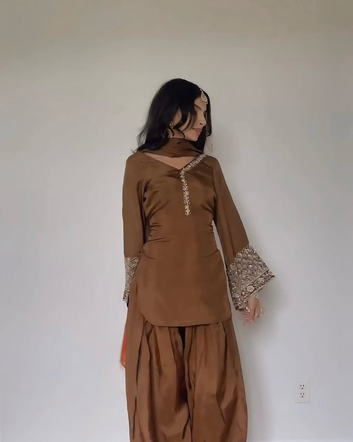 Brown Embroidered Kurta Pant Set