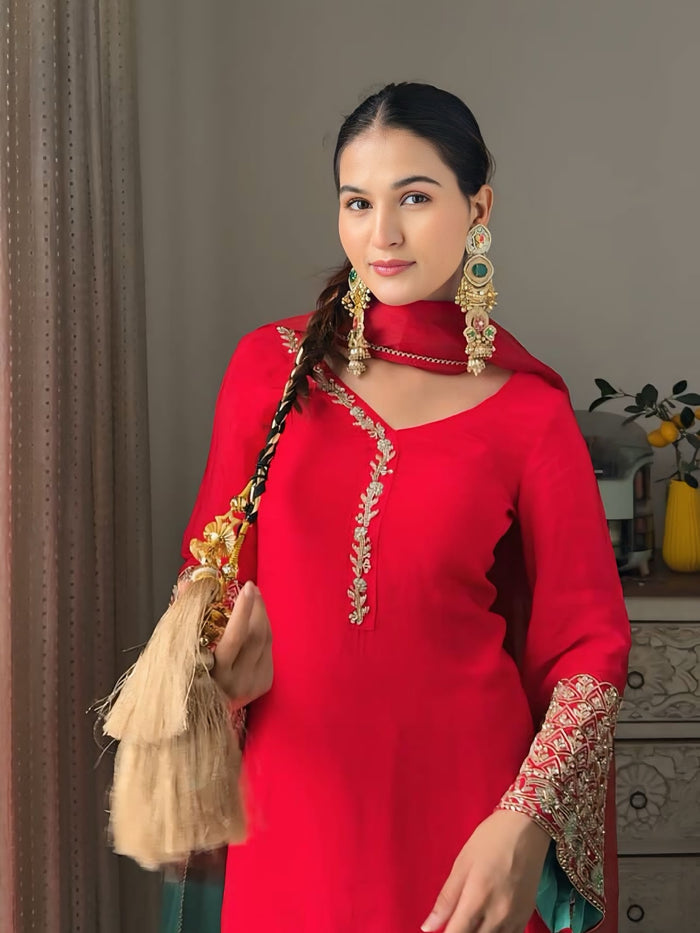 Red Embroidered Kurta Pant Set