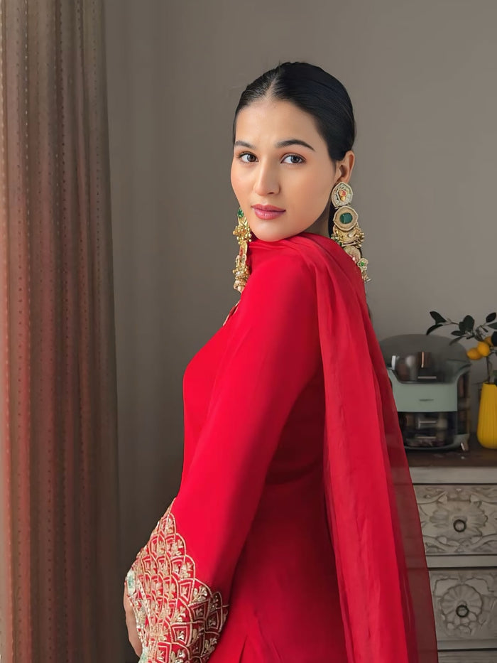 Red Embroidered Kurta Pant Set