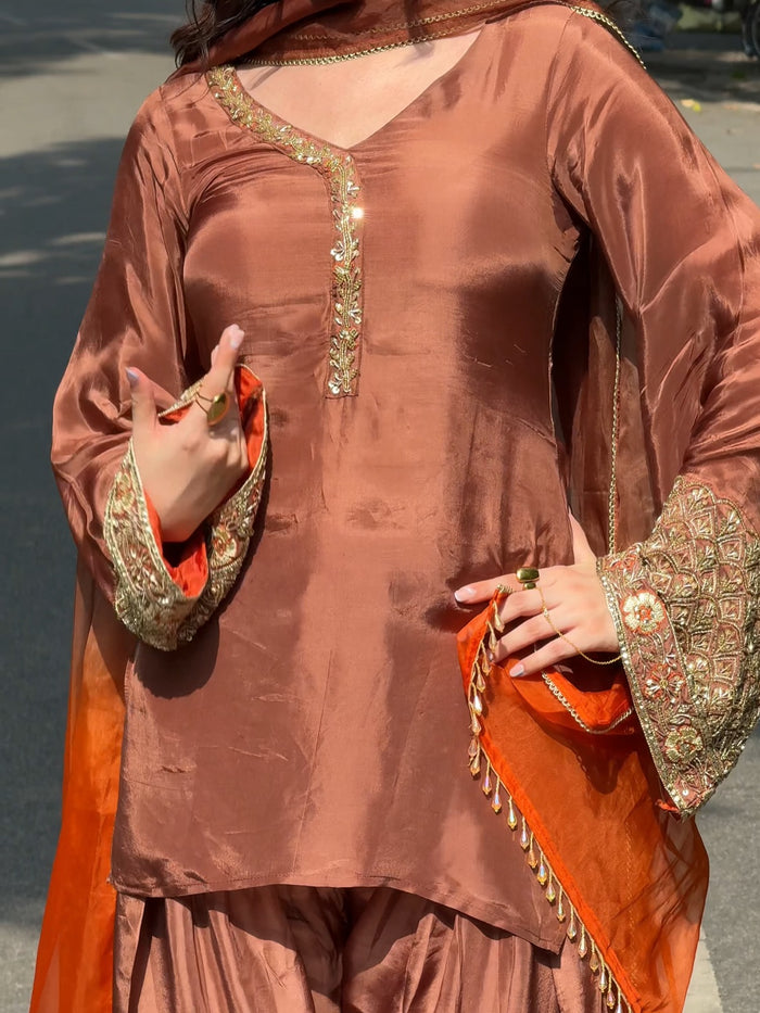 Copper Brown Embroidered Kurta Pant Set