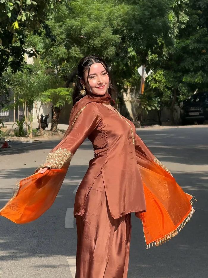 Copper Brown Embroidered Kurta Pant Set