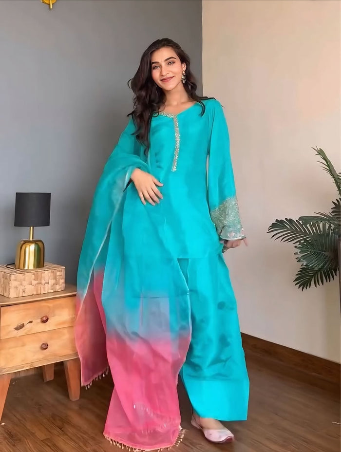 Sky Blue Embroidered Kurta Pant Set