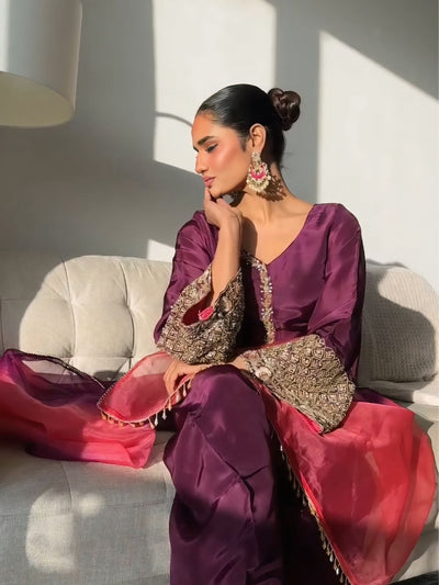 Wine Embroidered Kurta Pant Set