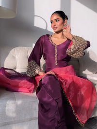 Wine Embroidered Kurta Pant Set
