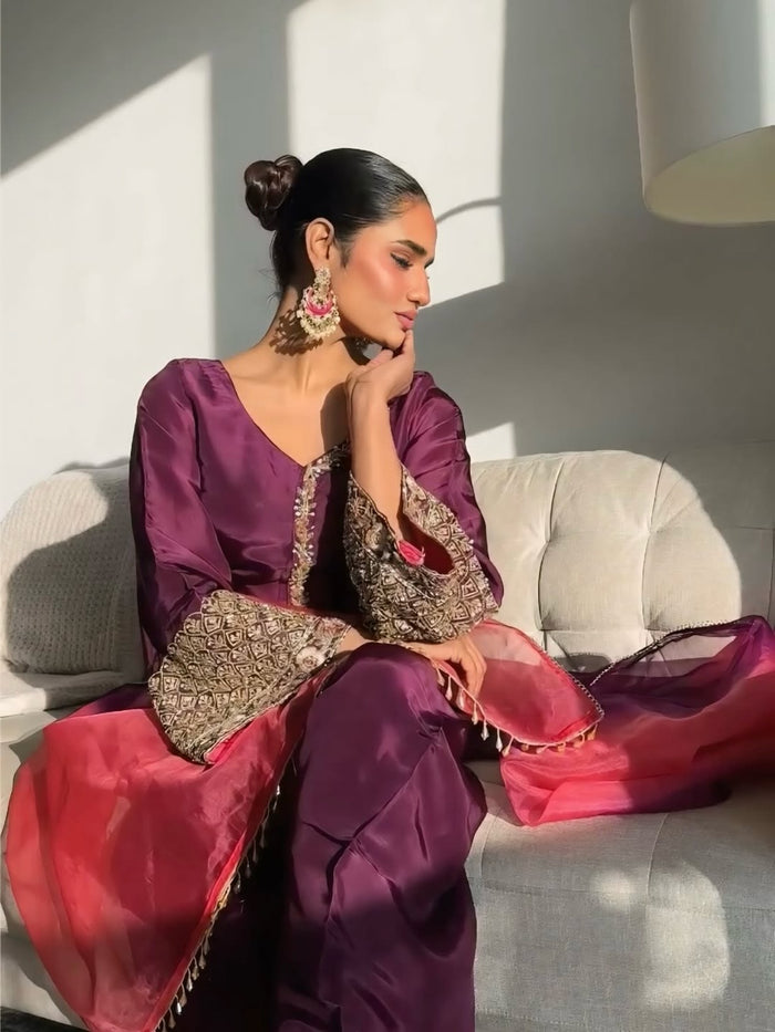 Wine Embroidered Kurta Pant Set