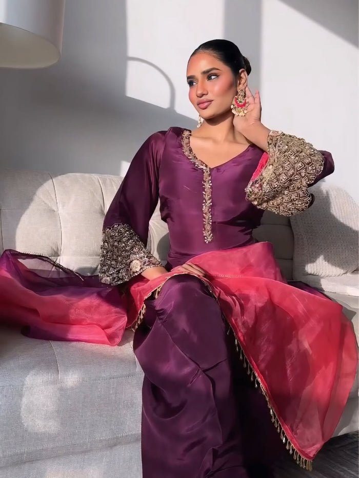 Wine Embroidered Kurta Pant Set