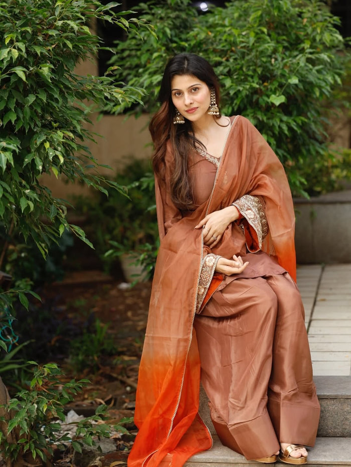Copper Brown Embroidered Kurta Pant Set