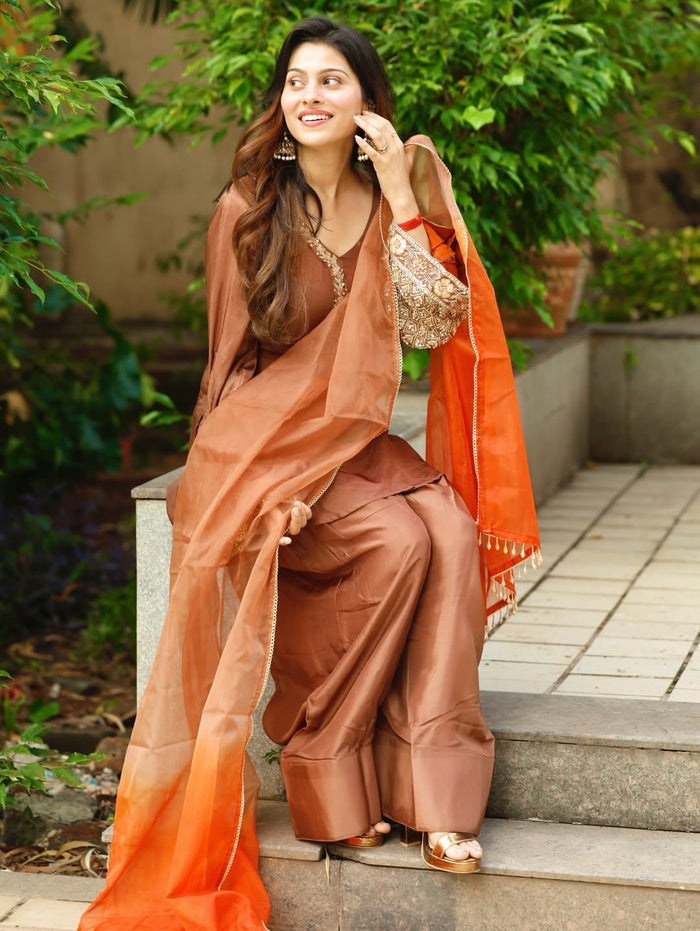 Copper Brown Embroidered Kurta Pant Set