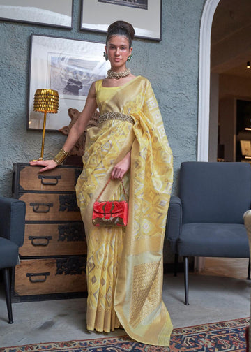 Lemon Yellow Linen Saree