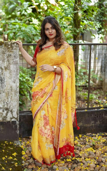 Linen Fabric Digital Print With Yellow Saree