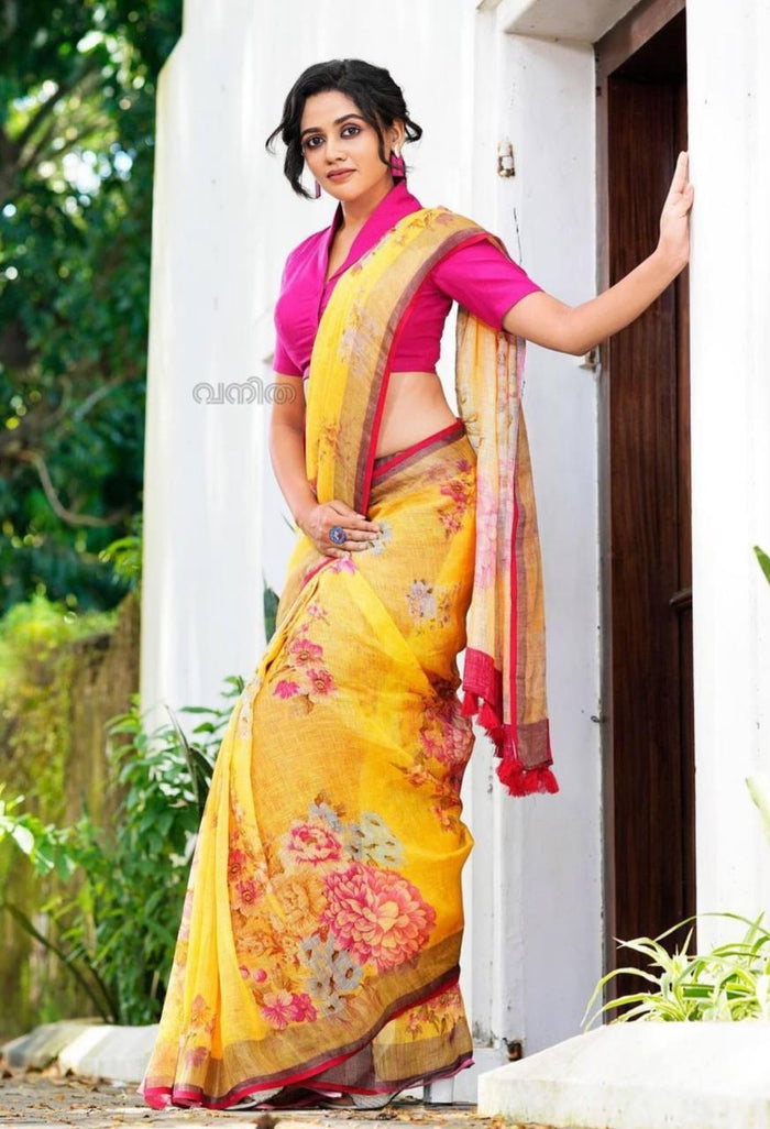 Linen Fabric Digital Print With Yellow Saree