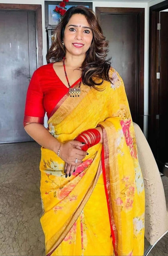 Linen Fabric Digital Print With Yellow Saree