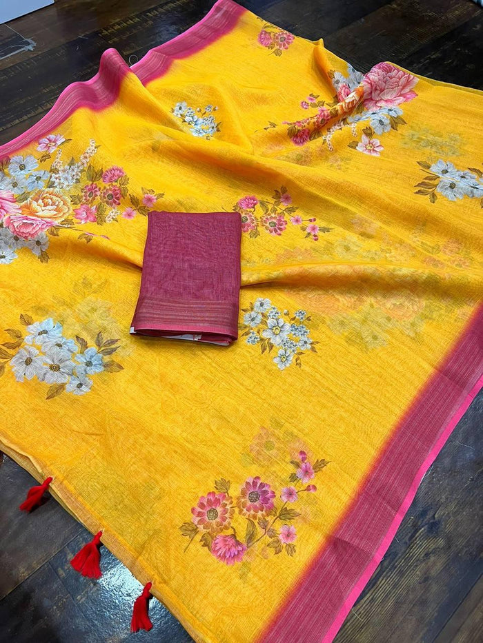 Linen Fabric Digital Print With Yellow Saree