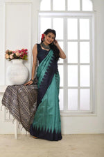 Linen saree in blue, dazzling party wear - Ibis Fab