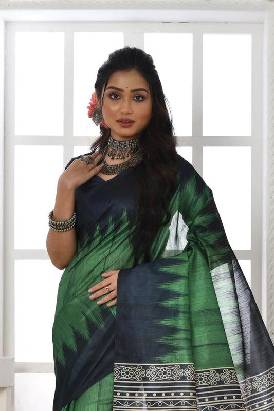 Linen saree in green, dazzling party wear - Ibis Fab