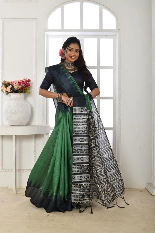 Linen saree in green, dazzling party wear - Ibis Fab