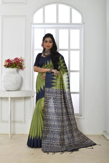 Linen saree in parrot green, dazzling party wear