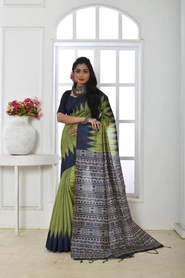 Linen saree in parrot green, dazzling party wear - Ibis Fab