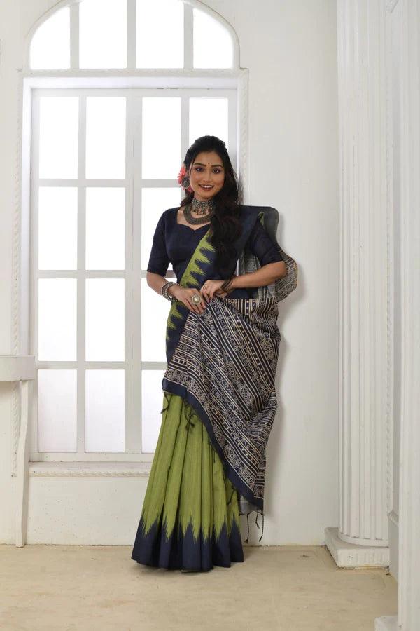 Linen saree in parrot green, dazzling party wear - Ibis Fab