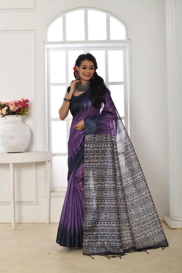 Linen saree in purple, dazzling party wear - Ibis Fab