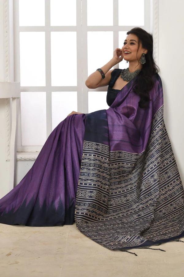 Linen saree in purple, dazzling party wear