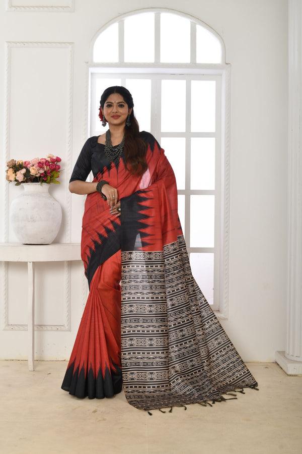 Linen saree in red, dazzling party wear - Ibis Fab