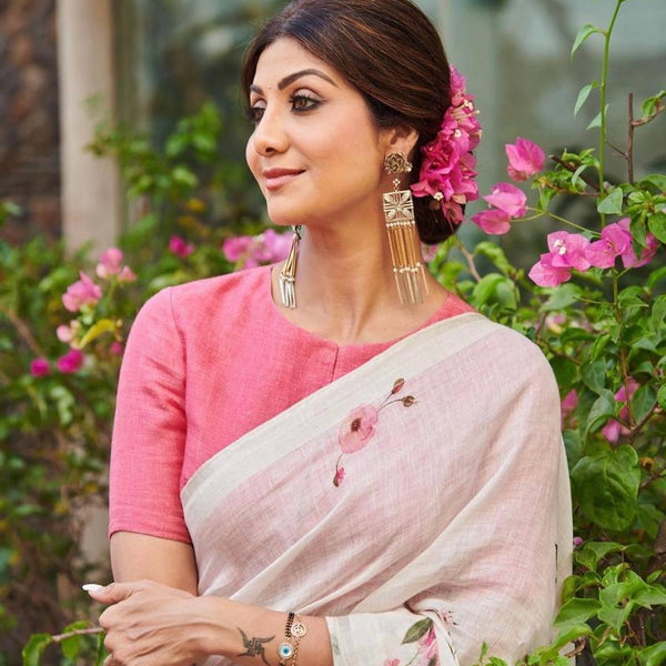 linen saree in White, printed festive wear - Ibis Fab