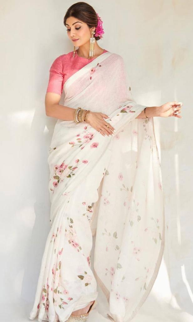 linen saree in White, printed festive wear - Ibis Fab