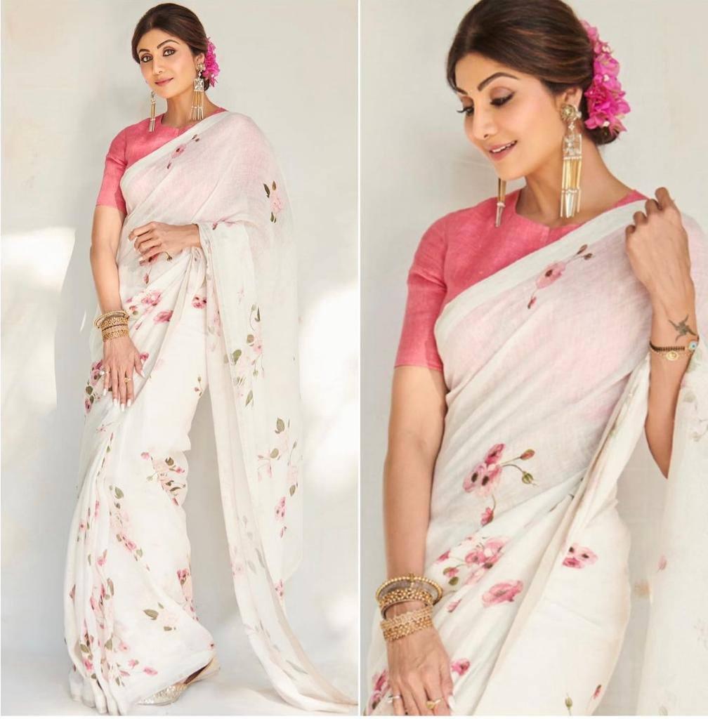 linen saree in White, printed festive wear - Ibis Fab