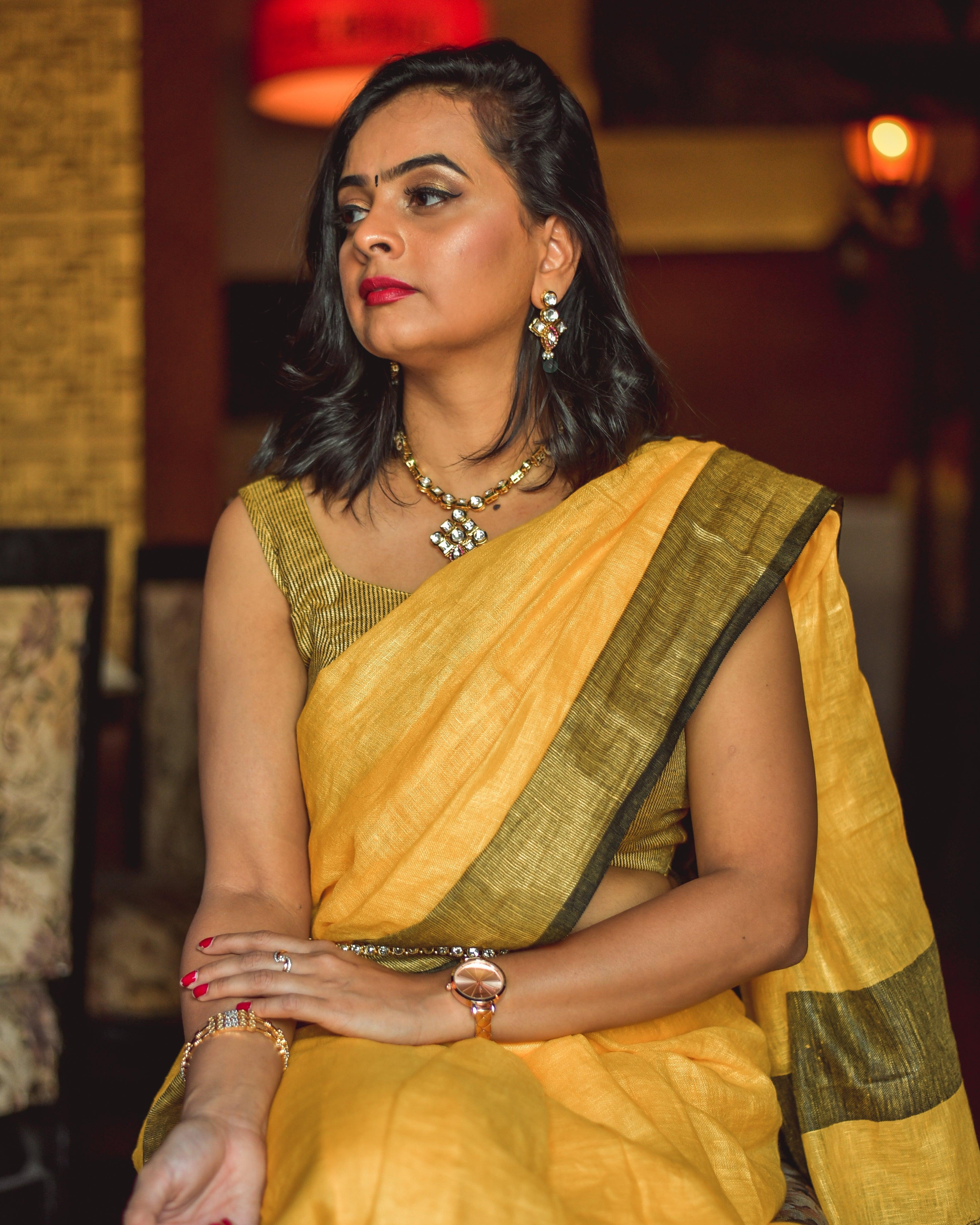 Lovely Yellow Colour Women's Pure Linen Saree With Party Wear - Ibis Fab