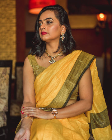 Lovely Yellow Colour Women's Pure Linen Saree With Party Wear