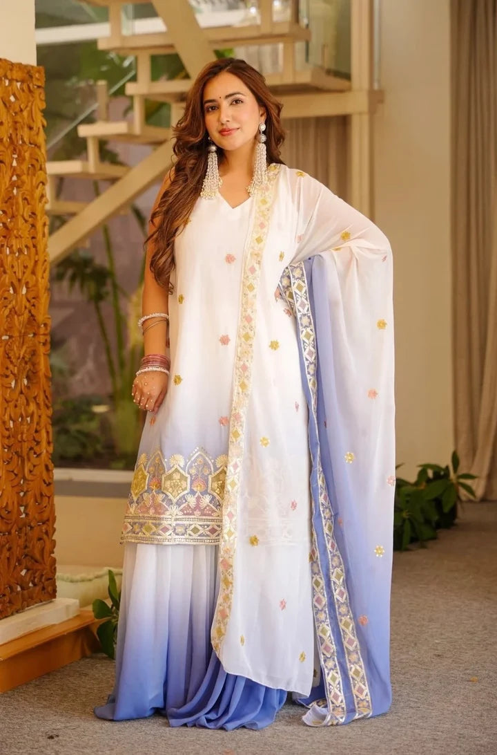 Ivory White Ombre Embroidered Kurta Palazzo Set