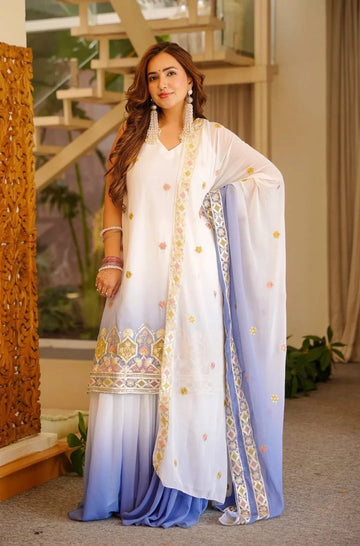 Ivory White Ombre Embroidered Kurta Palazzo Set