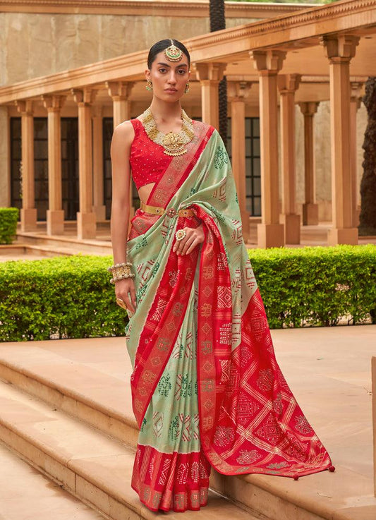 Magnetic Pista Green And Red Colored Printed Pure Soft Silk Saree - Ibis Fab