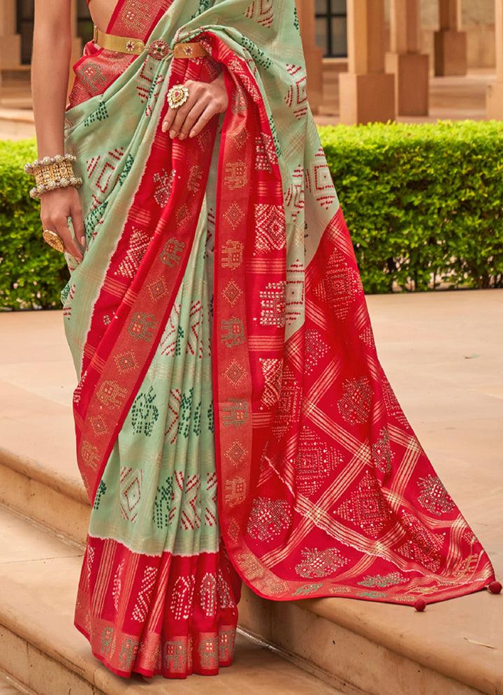 Magnetic Pista Green And Red Colored Printed Pure Soft Silk Saree - Ibis Fab