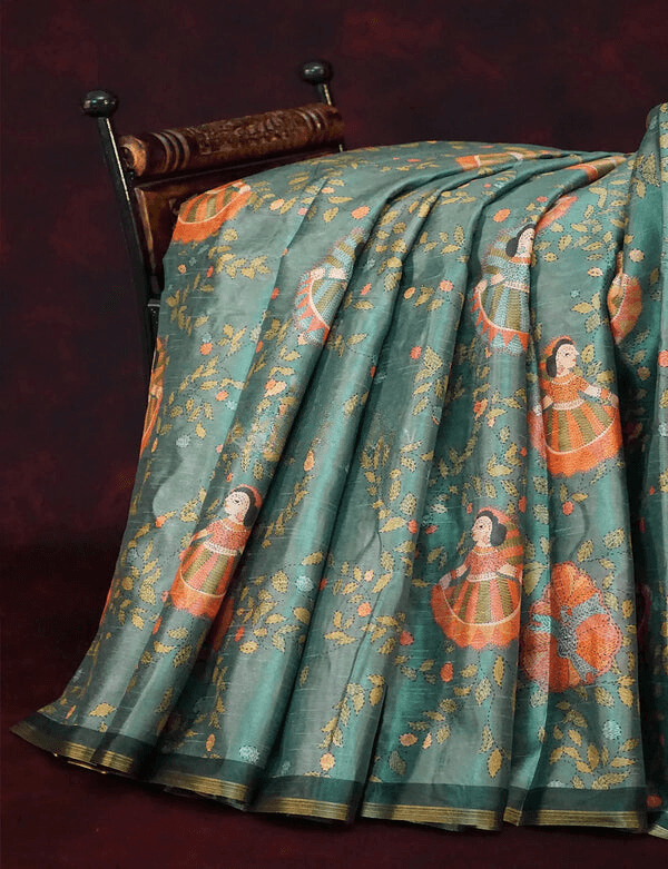 Majesty Sea Green Colored Cotton Linen Designer Printed Saree - Ibis Fab