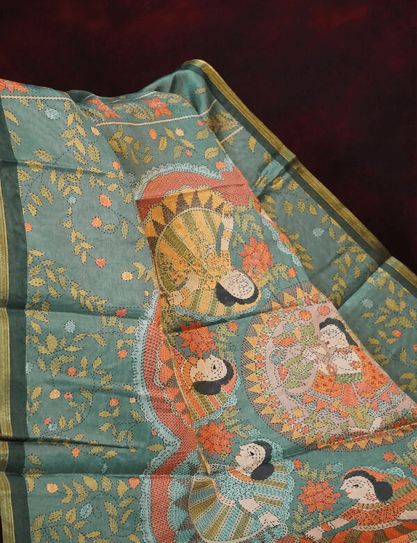 Majesty Sea Green Colored Cotton Linen Designer Printed Saree - Ibis Fab