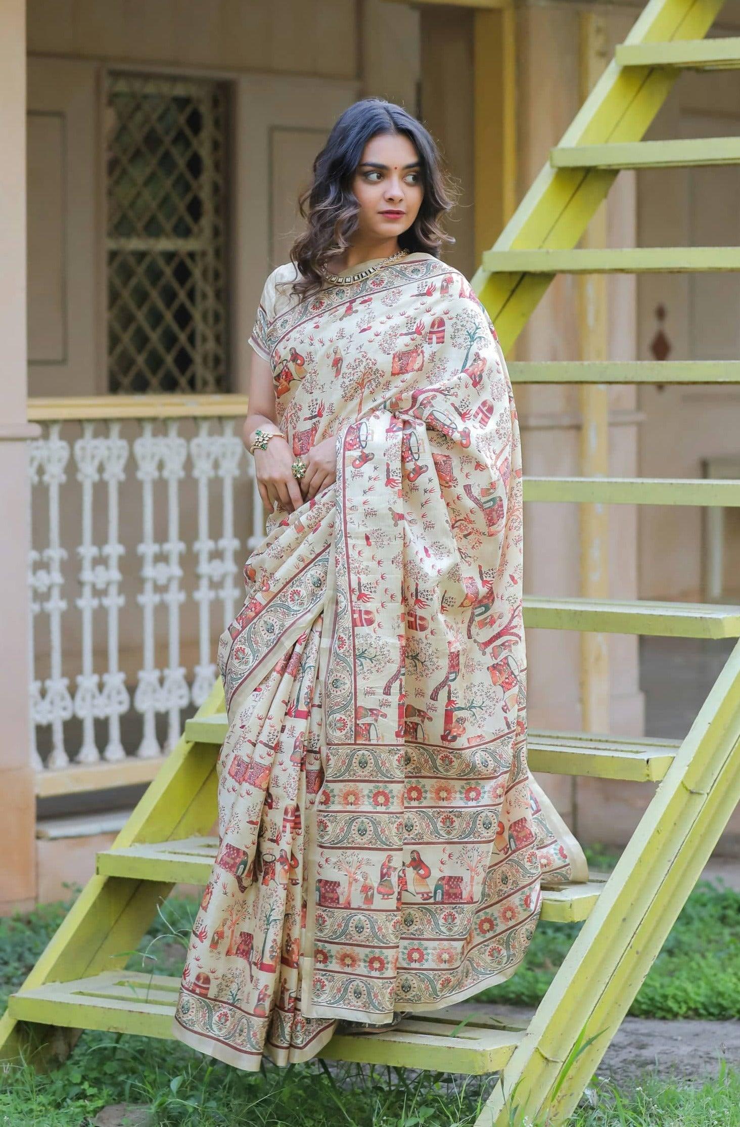 Marvellous Cream Colored Cotton Linen Designer Printed Saree - Ibis Fab