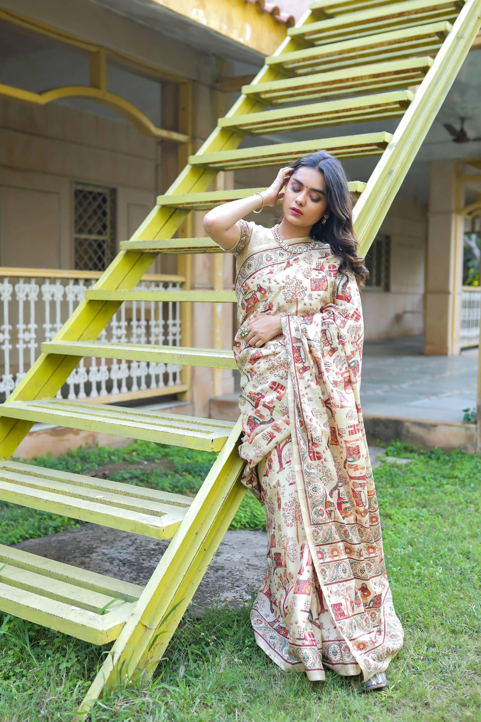 Marvellous Cream Colored Cotton Linen Designer Printed Saree - Ibis Fab