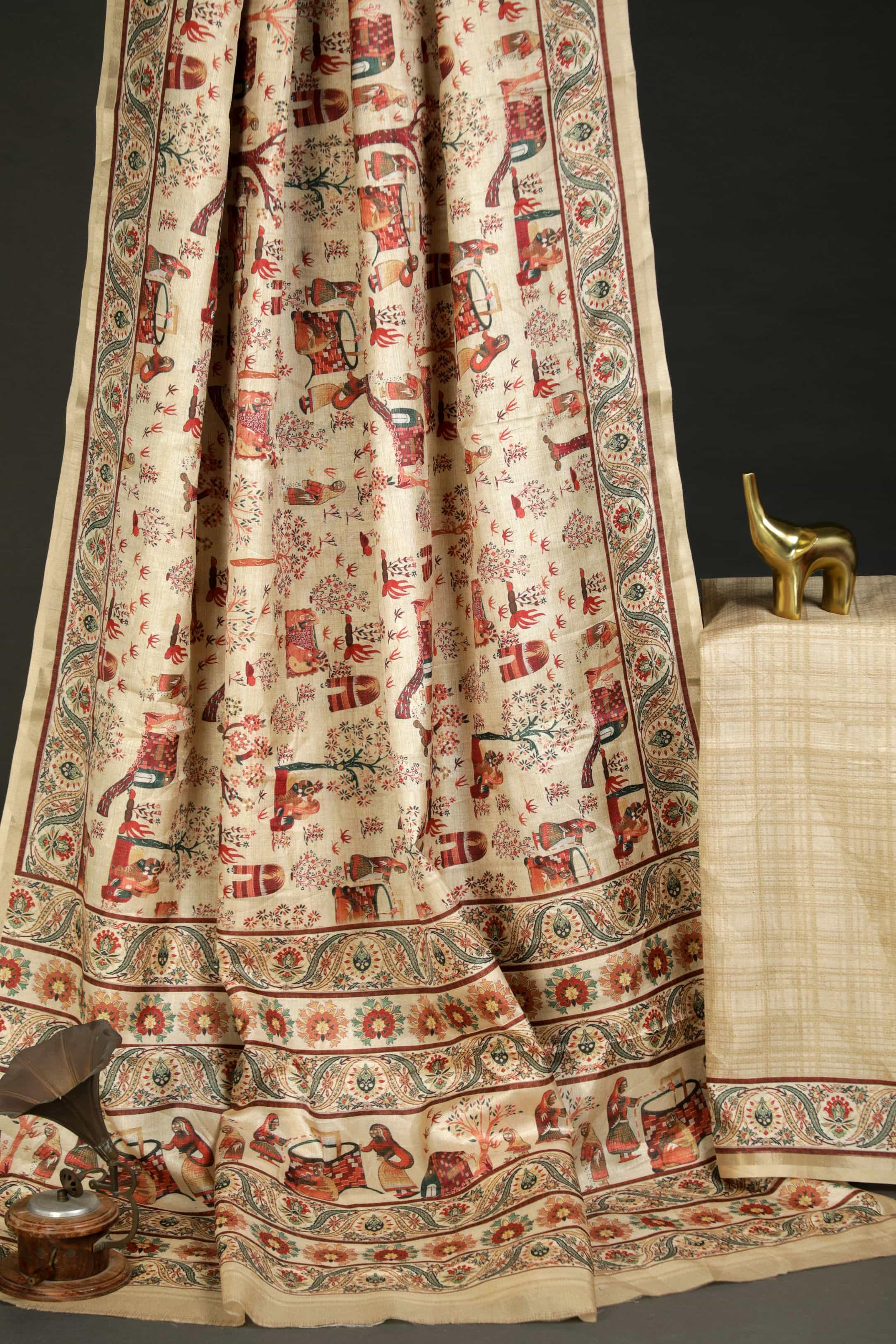 Marvellous Cream Colored Cotton Linen Designer Printed Saree - Ibis Fab