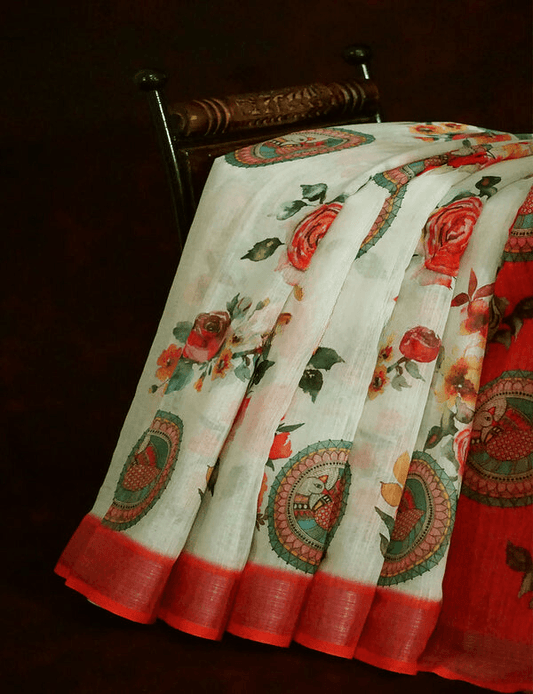 Marvellous Pista Colored Cotton Linen Designer Printed Saree - Ibis Fab