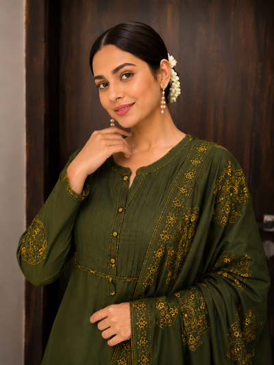 Pure Cotton Green Patchwork A-Line Kurta Pant Dupatta Set