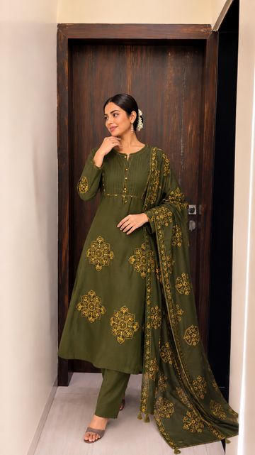 Pure Cotton Green Patchwork A-Line Kurta Pant Dupatta Set