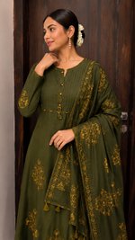 Pure Cotton Green Patchwork A-Line Kurta Pant Dupatta Set