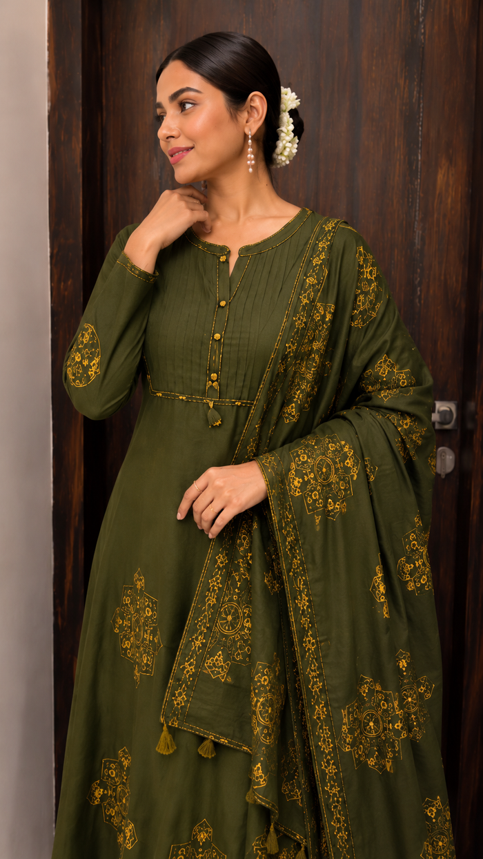 Pure Cotton Green Patchwork A-Line Kurta Pant Dupatta Set