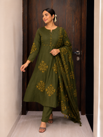 Pure Cotton Green Patchwork A-Line Kurta Pant Dupatta Set