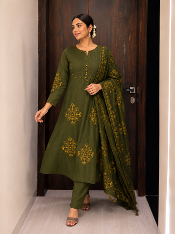 Pure Cotton Green Patchwork A-Line Kurta Pant Dupatta Set