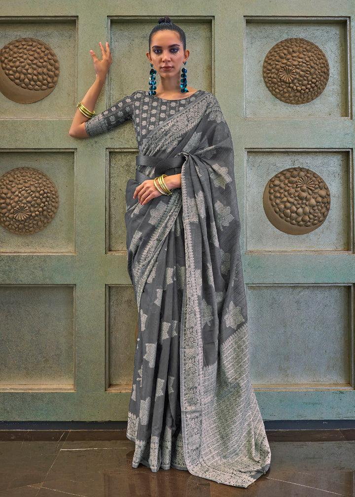 Mesmerising Gray Colored Printed Pure Soft Silk Saree - Ibis Fab